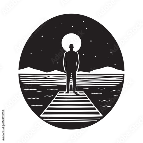 Man Standing On Dock Horizon Silhouette Vector Illustration