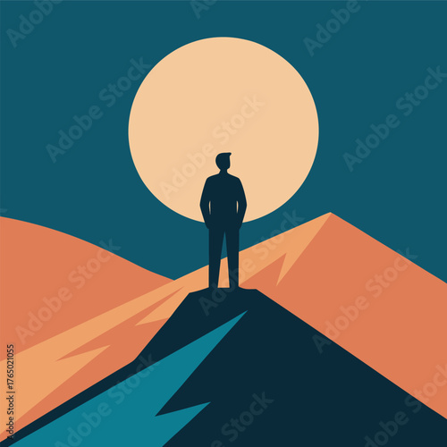 Man Standing On Mountain Ridge Horizon Silhouette Vector Artwork