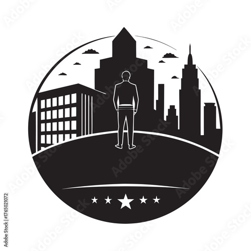 Man Standing On Roof Watching Dawn Horizon Silhouette Vector Illustration
