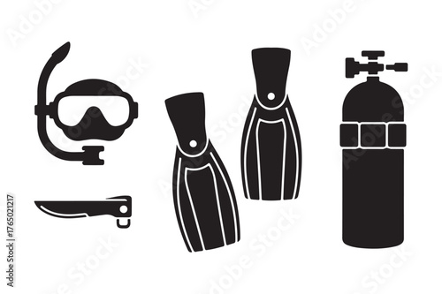 Scuba diving gear icons silhouette vector art