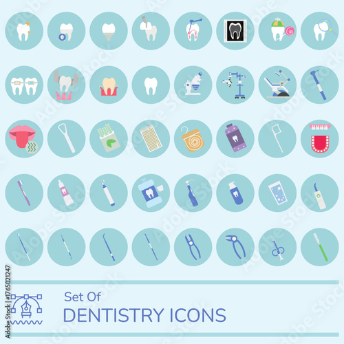 Set of dentistry vector icons, flat design medical and dental care symbols, stomatology equipment and hygiene tools collection for clinic and healthcare design