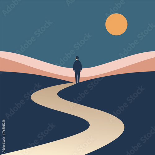 Person Standing On Path Through Meadow Horizon Silhouette Vector Illustration