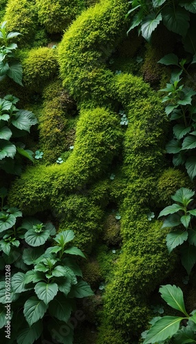 Rich texture of green moss covers wall with lush foliage. Vertical garden with plants. Natural eco wallpaper for modern interior design. Sustainable greenery brings calm, peace and fresh air.