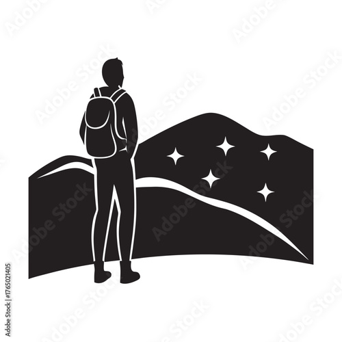 Person With Backpack Looking Horizon Silhouette Vector Artwork