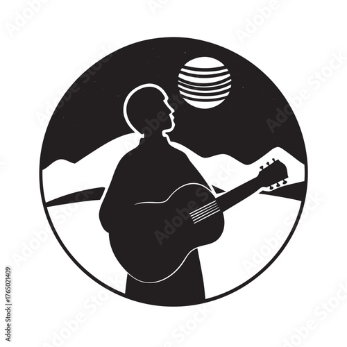 Person With Guitar Looking Horizon Silhouette Vector Illustration
