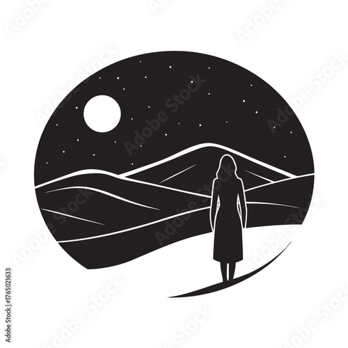 Woman Standing In Desert Horizon Silhouette Vector Artwork