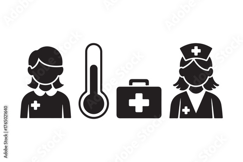 Medical icons featuring nurses thermometer and first aid kit