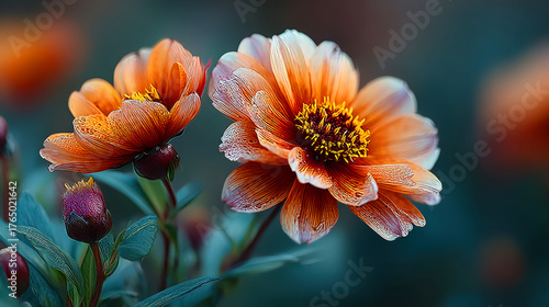 Close up bright orange zinnias green foliage