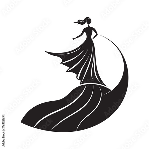 Woman Standing On Cliff With Flowing Dress Horizon Silhouette Vector Illustration