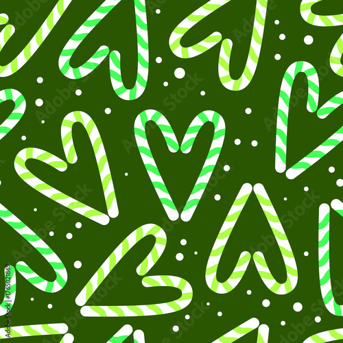 Sweet Green Candy Cane Hearts Seamless Pattern