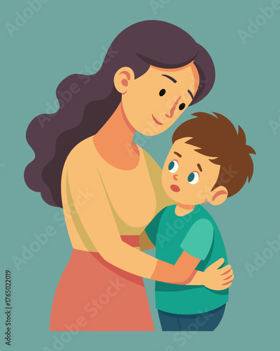 A mother hugs her child with one arm while the other sneaks into the childs pocket subtly manipulating them into giving her soing.. Vector illustration