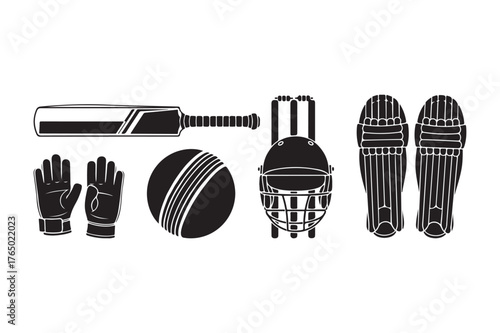 Cricket sports equipment silhouette collection