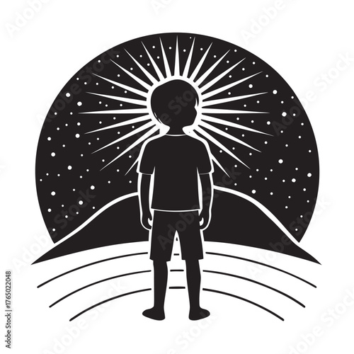 Child Looking Toward Future Horizon Silhouette Vector Illustration