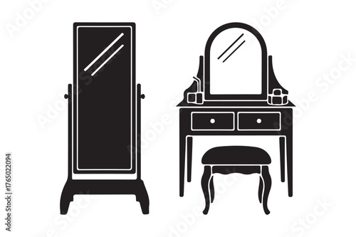 Elegant vanity table and full length mirror silhouette