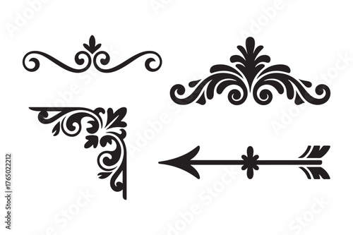 Ornate black decorative flourishes and arrow elements