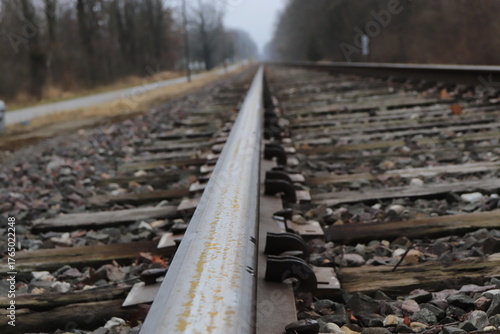 Steel railroad track leading to an endless horizon