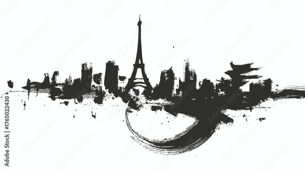 Fototapeta premium Paris skyline silhouette in expressive black ink brush stroke art featuring Eiffel Tower landmark