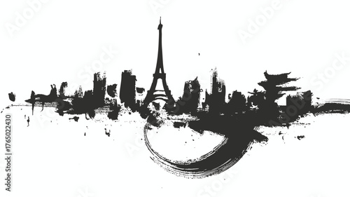 Paris skyline silhouette in expressive black ink brush stroke art featuring Eiffel Tower landmark