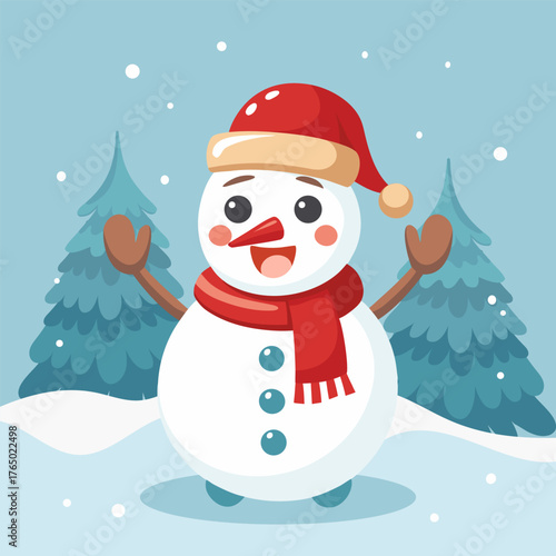 Cute snowman in a winter wonderland. Illustration for Christmas cards.