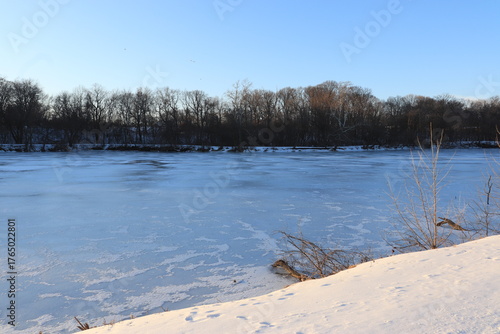 Frozen Lake with Snow-Covered Shores and Sunlit Trees on Distant Bank — Winter Landscape