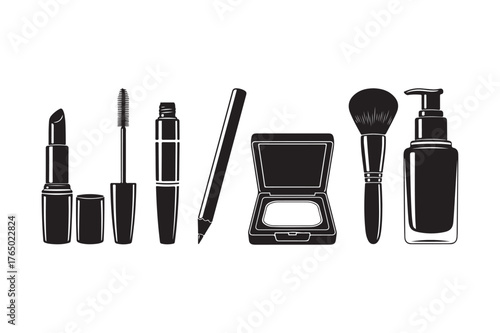 Collection of black silhouette makeup products on white background
