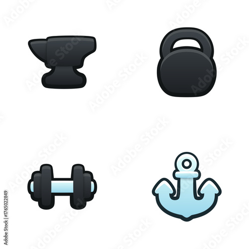 Weights icon set. Isolated vector illustration of mobile game sprites. Design for stickers, logo, mobile app. Arcade or match 3 2d graphics game asset. Flat 3d gym item sprites sheet.