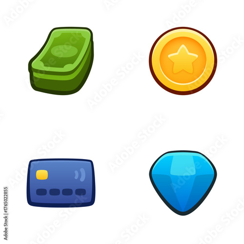 Money icon set. Isolated vector illustration of mobile game sprites. Design for stickers, logo, mobile app. Arcade or match 3 2d graphics game asset. Flat 3d currency item sprites sheet.