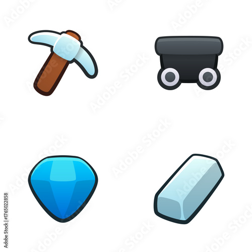 Mining icon set. Isolated vector illustration of mobile game sprites. Design for stickers, logo, mobile app. Arcade or match 3 2d graphics game asset. Flat 3d cave item sprites sheet.