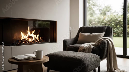 Cozy living room interior with a modern gas fireplace, comfortable armchair, and ottoman, perfect for relaxation
