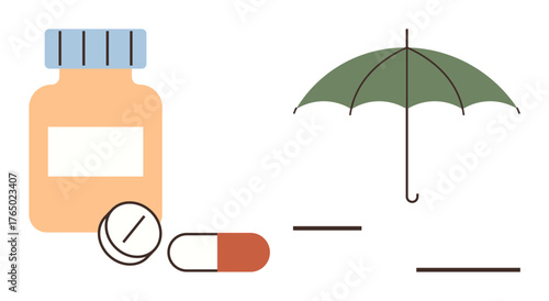Medicine bottle, pill, capsule, umbrella suggesting health care, insurance, safety, prevention. Ideal for health, wellness protection medical aid security safety support simple flat metaphor