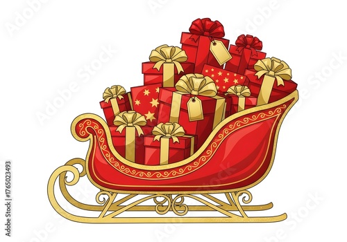 Santa's red and gold sleigh filled with wrapped Christmas presents on white background, festive holiday illustration perfect for celebration and greeting designs