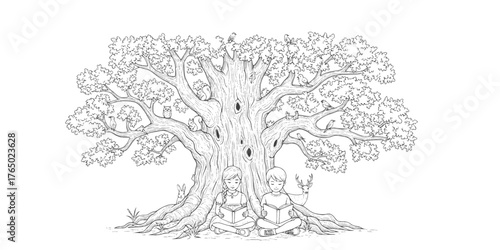 Children Reading Under Giant Oak Tree Coloring Page Vector