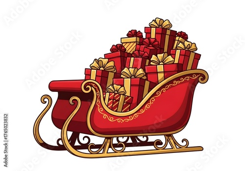 A vibrant red Santa's sleigh filled to the brim with beautifully wrapped gold and red presents, embodying holiday abundance