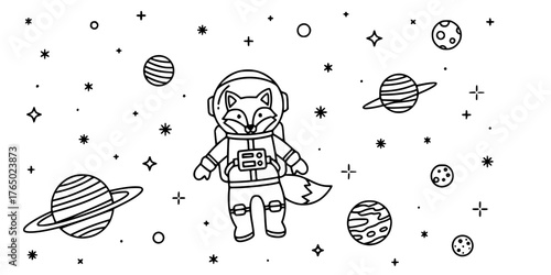 Astronaut Fox Floating in Space Detailed Coloring Vector