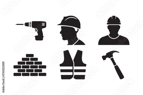 Construction worker icons and tools on a white background