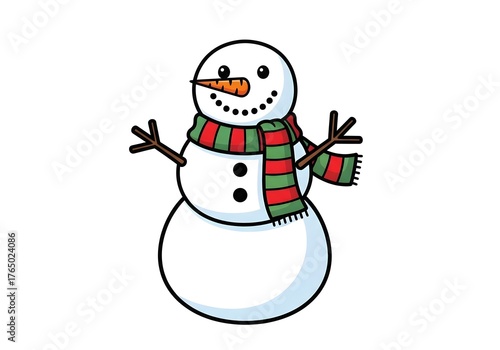 Cute snowman with red and green scarf holding gift on white background, cheerful winter character cartoon illustration perfect for Christmas holiday designs