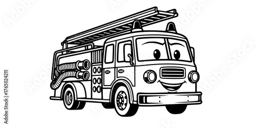Smiling Fire Engine Emergency Vehicle Line Art Vector