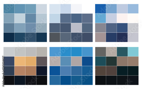 Vector art of a collection of color palettes featuring various shades of blue, grey, and brown, presented in a grid format for easy comparison and selection of harmonious color schemes