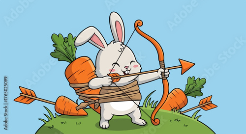 Adorable bunny hunter carries carrot quiver aiming bow