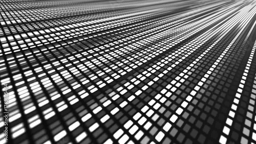 Monochrome animation reminiscent of a light tunnel going to infinity. Geometrically verified rows of rectangles create the illusion of movement and acceleration. Gradients of black and white create a 