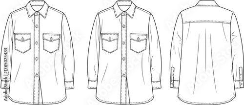 CAD drawing flat vector illustration of button-up shirt with chest pockets, collar, back yoke and sleeve cuff detail for fashion design