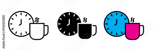 A flat-style coffee cup break icon in colored, filled, and stroke design. Represents relaxation, refreshment, and workplace breaks.