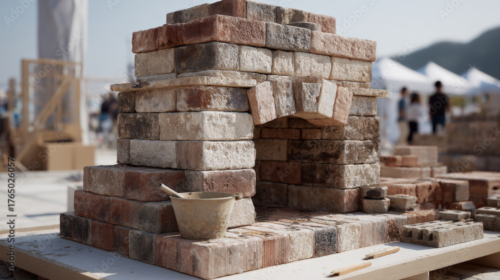 Obraz premium Masonry tools and stacked bricks on white patio slab with wide blank space