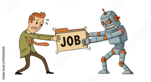 Man struggling with robot over job folder in humorous illustration  