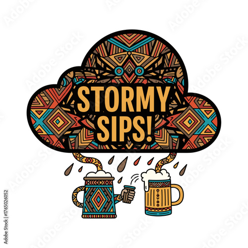Stormy Sips graphic with decorative cloud and beer mugs  