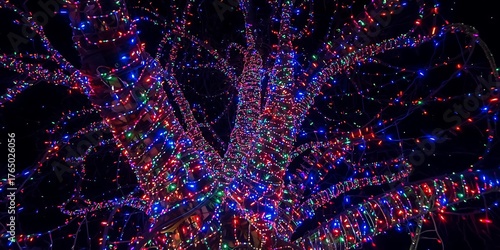 Christmas tree with vibrant glowing lights at night