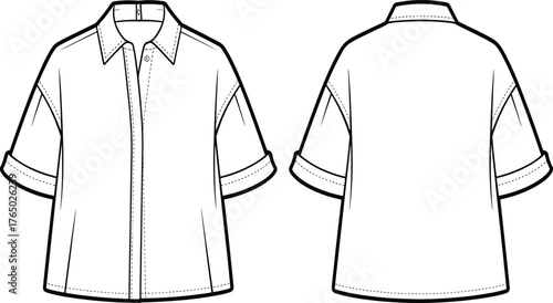 CAD drawing flat vector illustration of short sleeve shirt with collar, front placket, rolled sleeves,