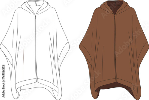 Cad drawing flat vector illustration, hooded poncho front view, fashion outerwear template