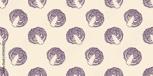 Blue cabbage linocut seamless pattern, rustic vegetable design, organic hand-drawn print. Perfect for kitchen decor, packaging design, fabric prints and eco-friendly branding.
