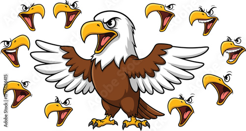 Cartoon bald eagle character with multiple angry face expressions, flying pose, aggressive emotion set, powerful bird mascot vector illustration